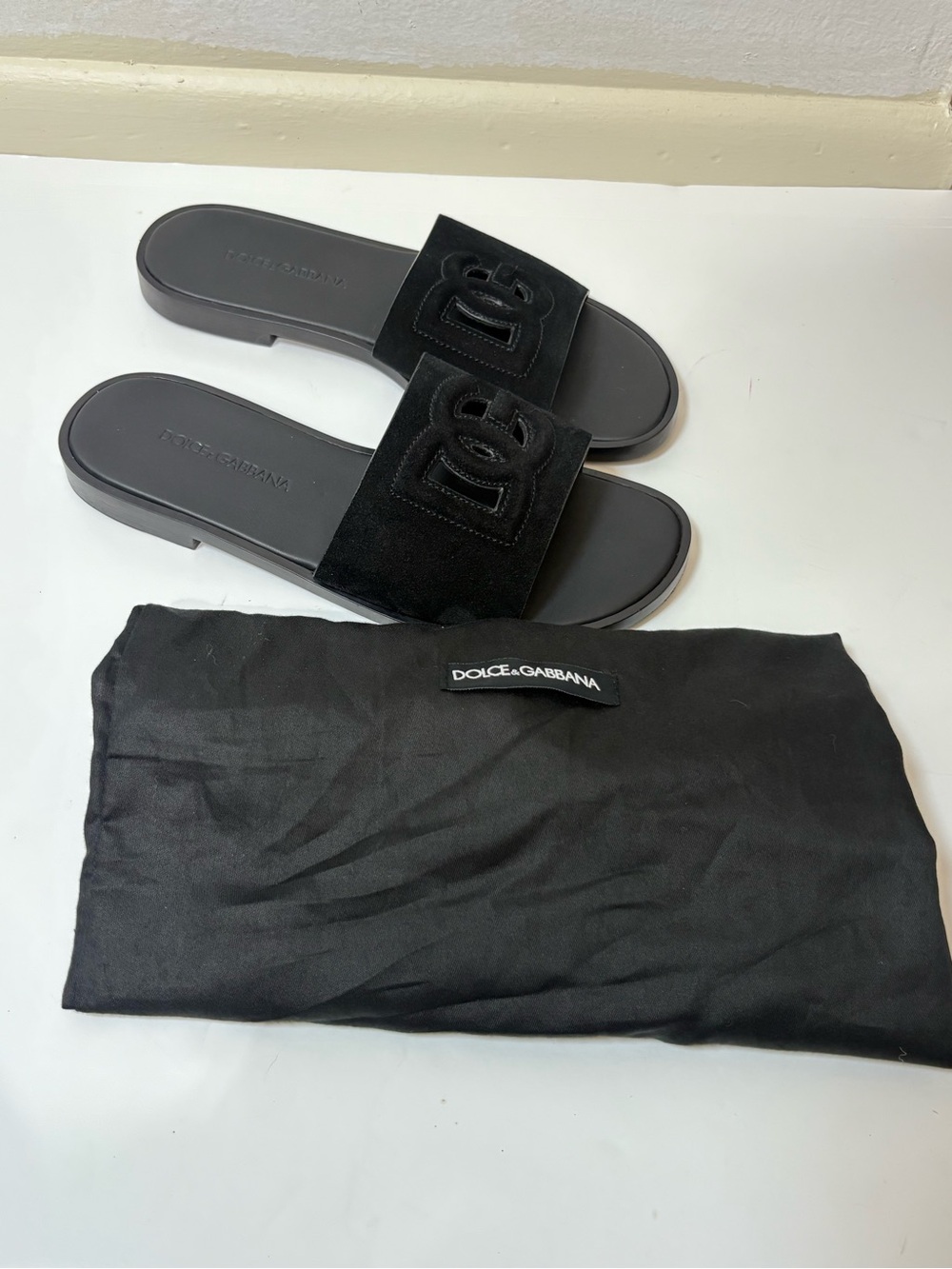 Dolce & Gabbana Men’s Black Logo Suede Slide Sandals